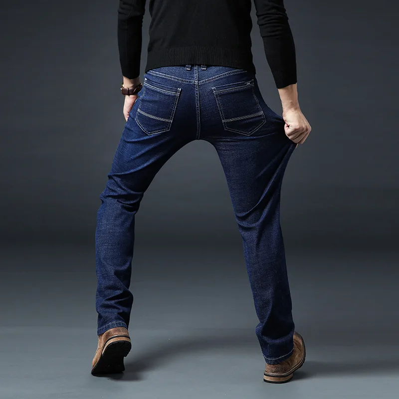 Новые модные мужские джинсы, высокая эластичность, мотоциклетные байкерские джинсы для мужчин, Брендовые прямые облегающие брюки, черные, синие брюки размера плюс 42