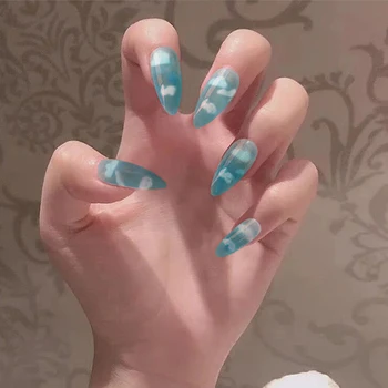 

24pcs/Set Long Cloud Pattern False Nails Pre-design Blue European Stiletto Full Artificial Nail Art Tips Fake Nails with Glue