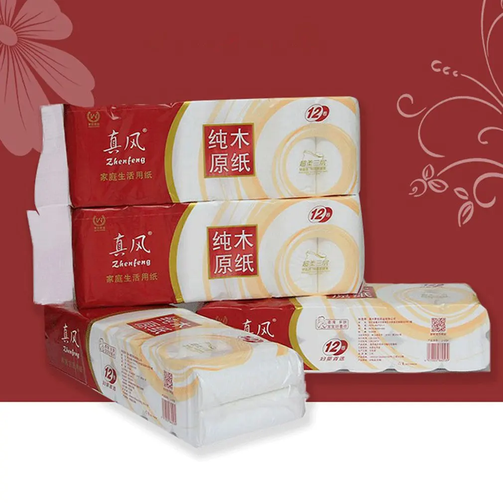 

12 Rolls/pack Household Roll Toilet Paper Bathroom Wood Pulp Soft Paper Tissue Rolling Paper