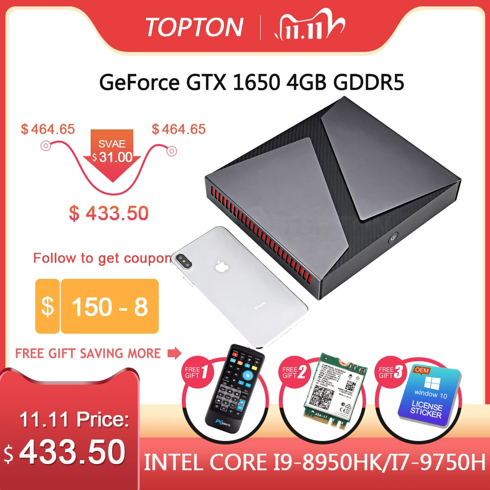 Мини компьютер TOPTON Core i9 9980HK i7 9750H i5 Nvidia GTX 1650 4 ГБ 64 Windows 10 4K DP HDMI AC|Мини ПК| |