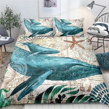 

Retro Whale Bedding Set Ocean Series Duvet Cover Pillowcase Twin Queen King Size Comforter Sets