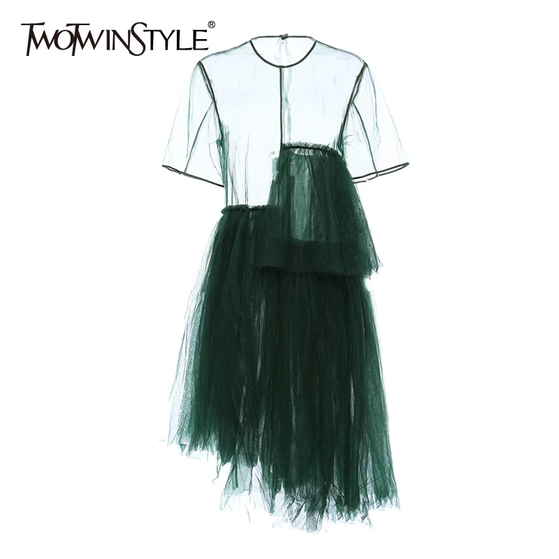 TWOTWINSTYLE Vintage Asymmetrical Women Dress O Neck Short Sleeve High Waist Irregular Hem Dresses For Female Fashion Clothing TWOTWINSTYLE Vintage Asymmetrical Women Dress O Neck Short Sleeve High Waist Irregular Hem Dresses For Female Fashion Clothing