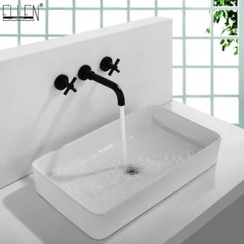 

Wall Mounted Basin Sink Mixer Tap Hot Cold Crane Wall Faucets Dual Handle 3 hole Black Bathroom Faucet ELK907