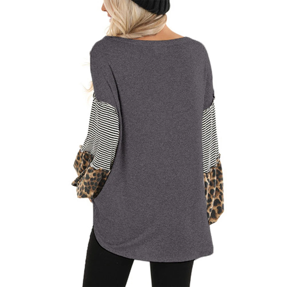 Kureas Women's T Shirt Long Puff Sleeve Casual T-Shirts Fashion Leopard Striped Patchwork Knitted Female Tops Autumn Winter