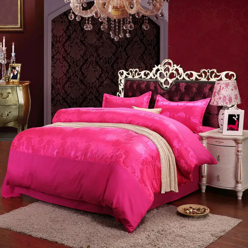 Pure satin silk bed setting four-piece set red and pink rose love wedding decoration cotton bed sheets free shipping - Color: color4