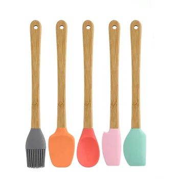 

5Pcs/Set For Butter Cooking Multi Purpose Mini Spatula Food Grade Silicone Multicolor Bamboo Handle Cookie Pastry Scraper