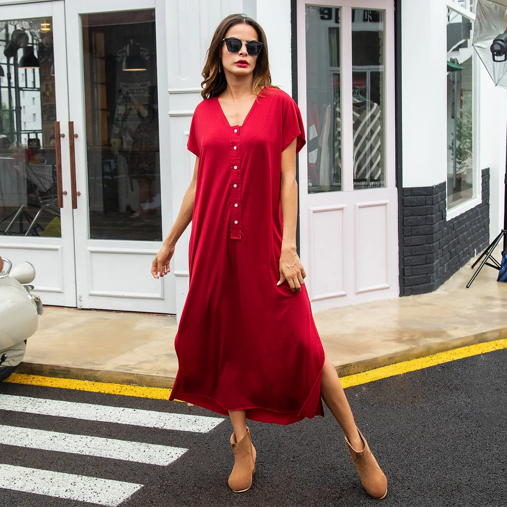 

Short Sleeve Woman Summer Dress Solid Color Button Loose V Neck Ladies Midi Dresses Split Casual Female Sundress Dress D30