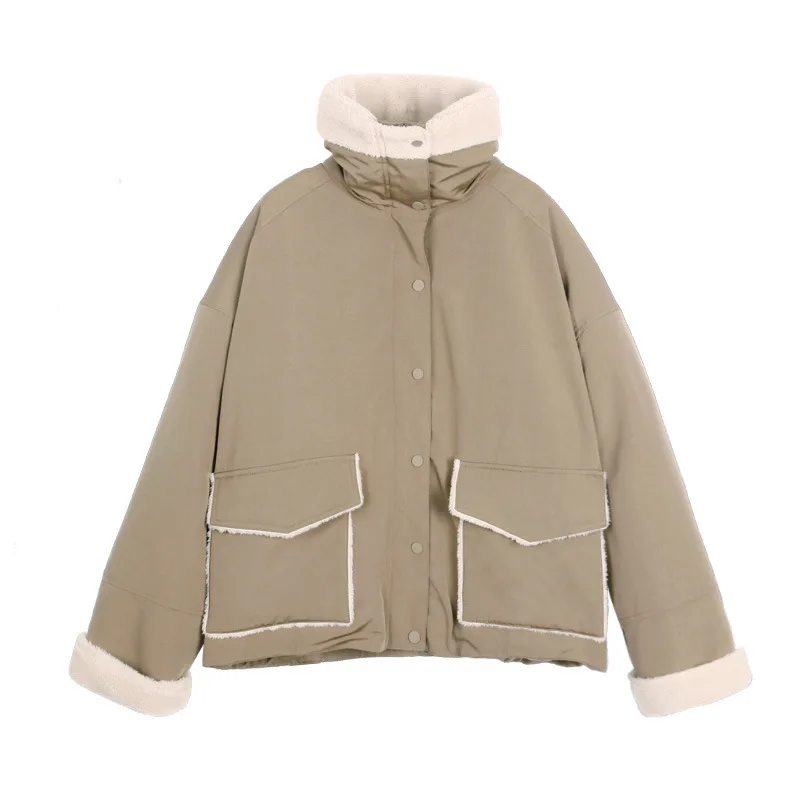 

Winter Womens Jackets and Coats Pockets Stand Collar Abrigos Mujer Invierno Covered Button Casual Women Jackets warm