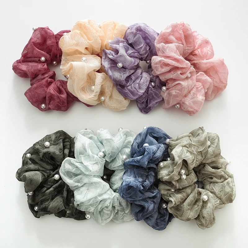 

New Fashion Pearl Elastic Hair Bands Women Solid Color Organza Scrunchie Ponytail Hair Rope Ring Hairband Hair Accessories