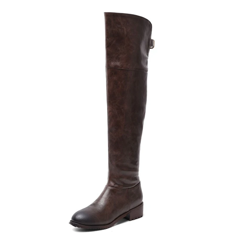Brown REAVE CAT/новые женские Кожаные Сапоги выше колена узкие высокие сапоги на низком каблуке женская зимняя теплая обувь черного и коричневого цвета высокое качество - Цвет: Brown