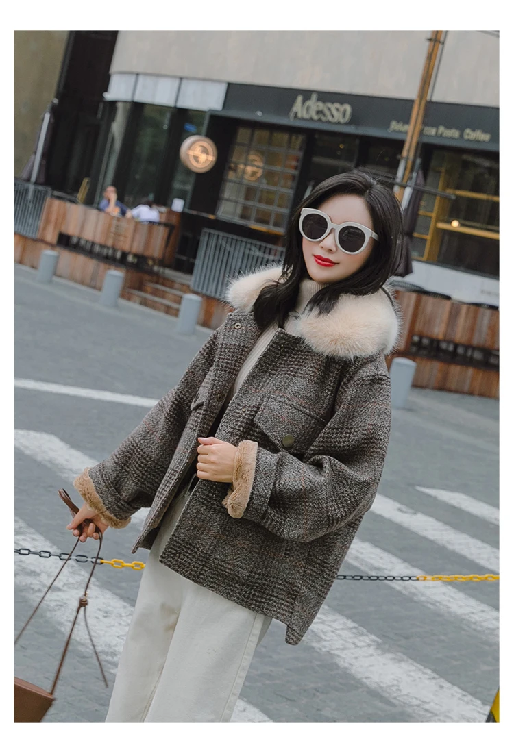 Pocket Trend Joint Elegant Fashion Casual Single Row Multi-buckle Winter Plaid Woolen Coat
