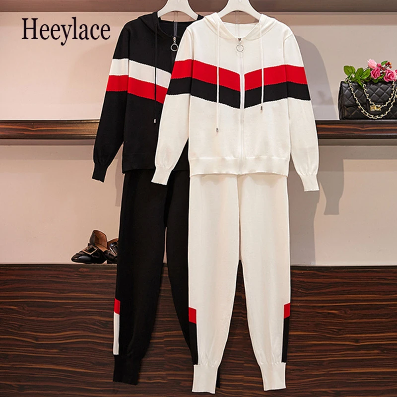 

Knitted Women Set 2019 Autumn Female Simple Striped Patchwork Hooded Cardigan + Knit Pants 2 Piece Trousers Set Tracksuits Women
