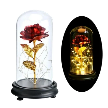 

LED Light Gold Plating Rose Flower In Glass Dome Valentine's Day Girl Gift