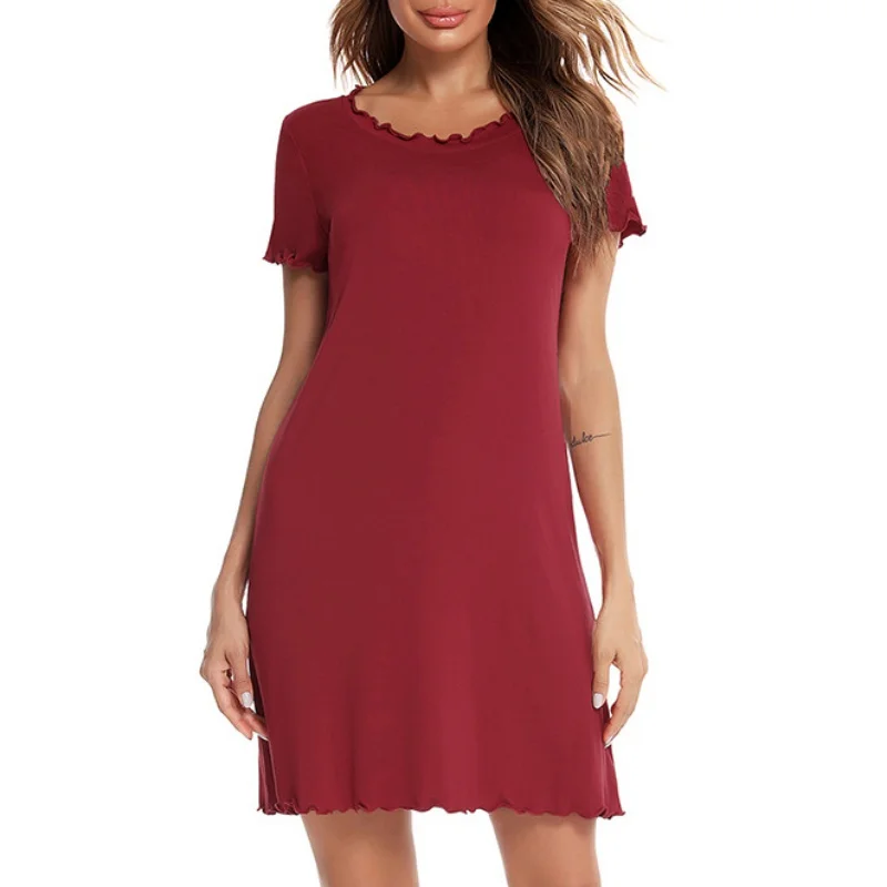 

Women's Sleepdresses Female Casual Round Neck Solid Color Short Sleeve Ruffles Decorations Knee Length Homewear Dresses