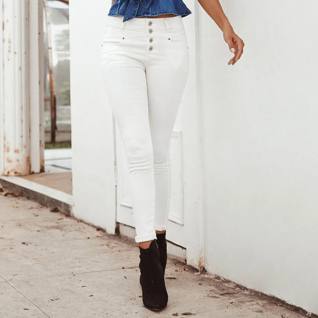 JAYCOSIN эластичные белые узкие джинсы женские корейские узкие джинсовые штаны с высокой талией на пуговицах повседневные Стрейчевые брюки уличная одежда 1211