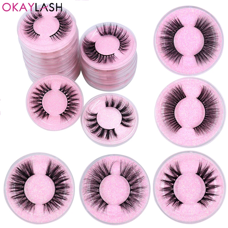 

OKAYLASH Natural Fluffy Hand Made Black 3D Mink False Eyelashes Round Case Cruelty Free Makeup Fake Strip Lashes Vegan Cilia