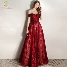 SSYFashion, новинка, банкетное элегантное бордовое вечернее платье, вырез лодочкой, блестящая аппликация, длина до пола, вечернее платье, vestido de festa