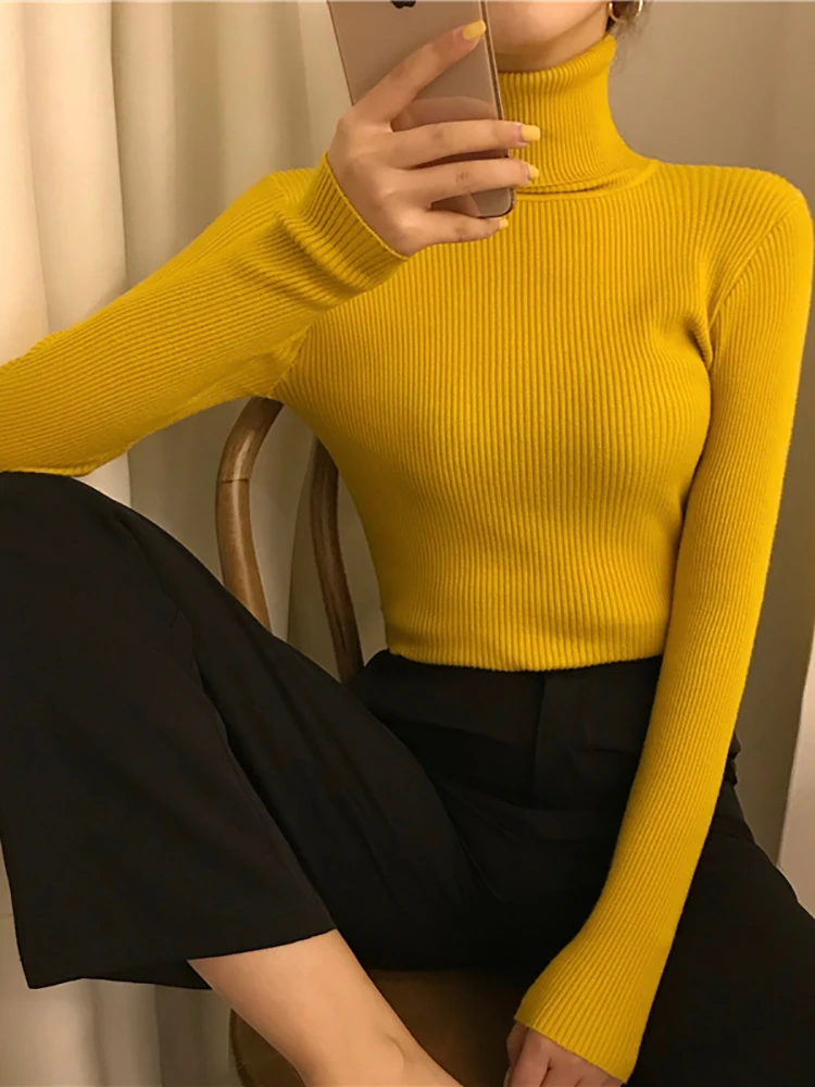 oversized sweaters Autumn Winter New Women Knitted Pullover Long Sleeve Ribbed Casual Slim Knit Sweater Female Turtlenck Solid Basic Kintwear Femme white sweater