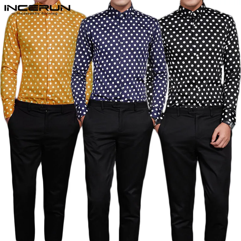 INCERUN/Осенняя рубашка в горошек для мужчин с длинным рукавом, шикарная модная рубашка с отворотом на пуговицах Camisa, Брендовые повседневные деловые мужские рубашки