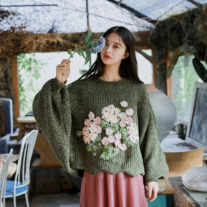 

2019 Autumn Women Modis Vintage Lazy Casual Ultra Loose Big Batwing Sleeve Blackish Green Oversized Short Pullover Sweater