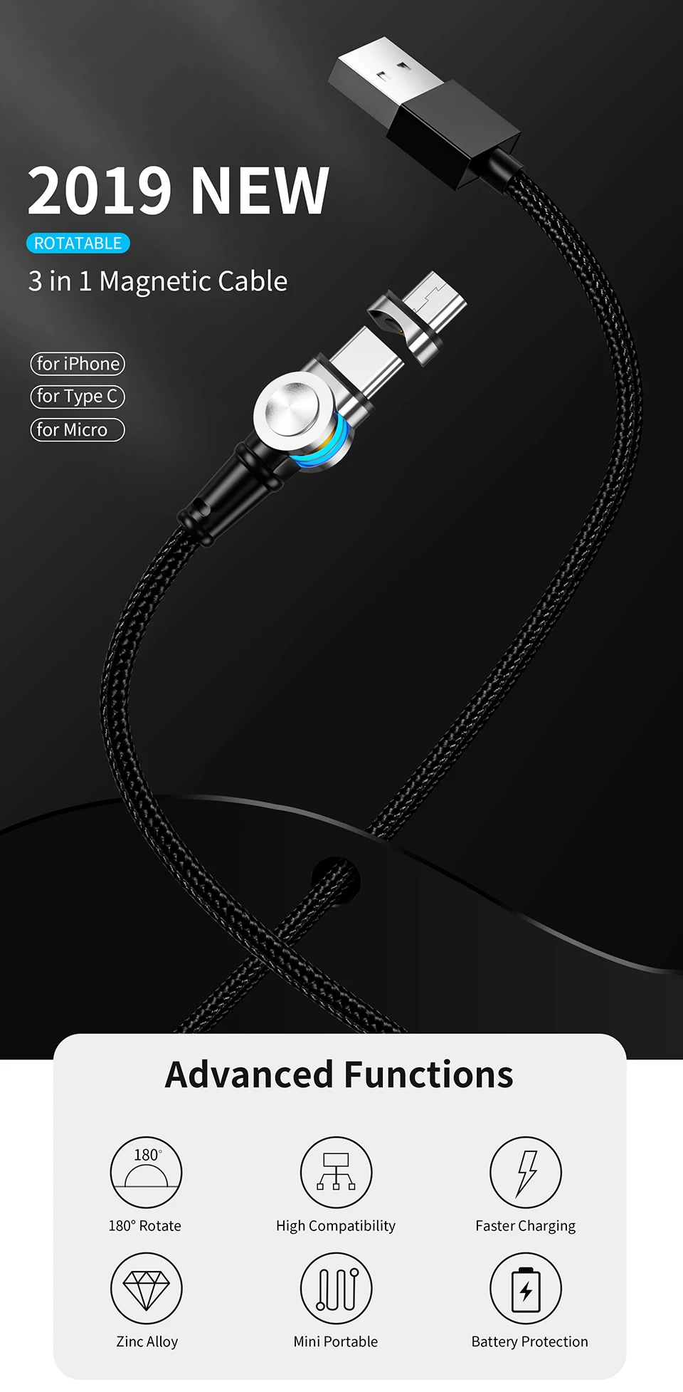 Магнитный Micro USB кабель ioseaks для iPhone, samsung, huawei, usb type-C, кабель для зарядки мобильных телефонов, USB C, Магнитный зарядный провод, шнур