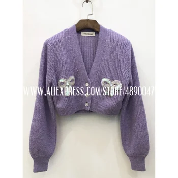 

2020 sequin knitted sweater cardigan spring autumn sweater Women's fashion knit sweater Purple bow sequins mohair cardigan