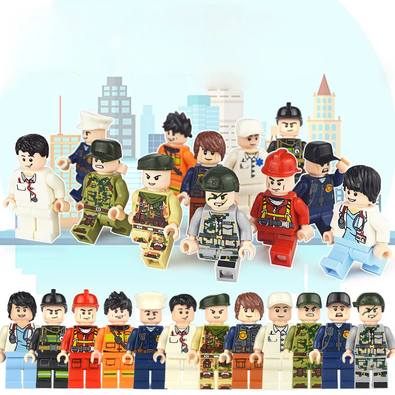 24Pcs/ DIY Figures City PoliceMan Fireman Teacher Building Blocks Bricks Assemble Toys Set For Boy Girl Children Christmas Gifts