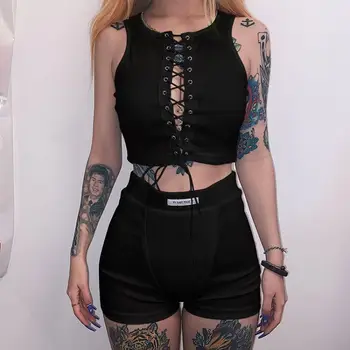 

XUXI 2020 Women New Summer Women's Fashion Suit Vintage Thin And Hollowed Out Straps Short Vest High Waist Letter Tights FZ1266