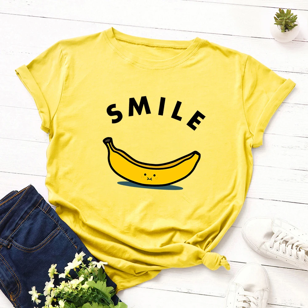 Женская футболка с буквенным принтом и смайликом, хлопковая футболка с коротким рукавом, топы размера плюс, принт с фруктами и бананами, футболки, уличная одежда для девочек