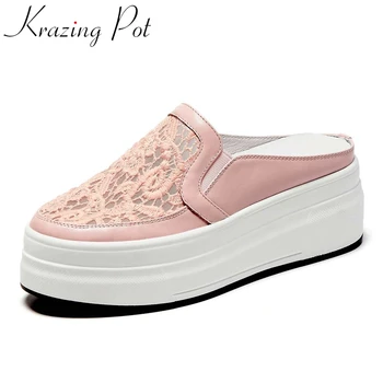 

Krazing pot 2020 hot sale high quality natural leather round toe lace sexy lady daily wear slip on vulcanized shoes women L33