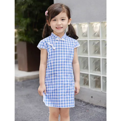 Летние хлопковые льняные Cheongsam с короткими рукавами для девочек; qipao; размеры От 2 до 10 лет - Цвет: B