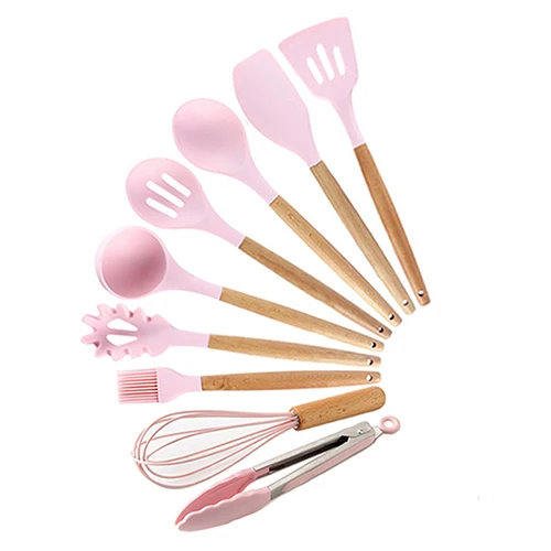 12PCS Silicone Kitchenware Cooking Utensils Set Heat Resistant Kitchen Non-Stick Cooking Utensils Baking Tools With Storage Box - Цвет: PINK 9PCSA