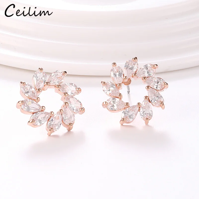 

Fashion Shiny Cubic Zircon Stud Earrings for Women Gift Luxury Rose Gold Silver Color Crystal Flower Earring 2019 Bridal Jewelry