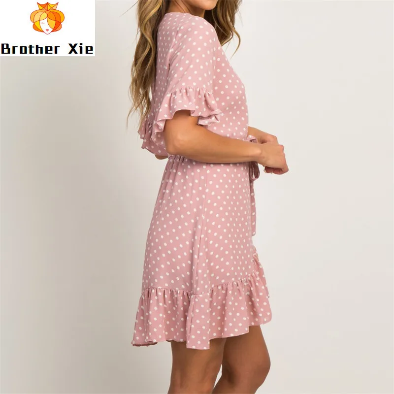 

Summer Dress 2020 Boho Style Beach Dress Fashion Short Sleeve V-neck Polka Dot A-line Party Dress Sundress Vestidos