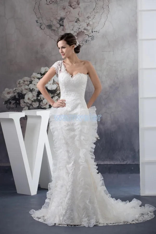 

free shipping 2017 new design one shoulder custom size bridal gown sweetheart plus size train white mermaid lace wedding dress