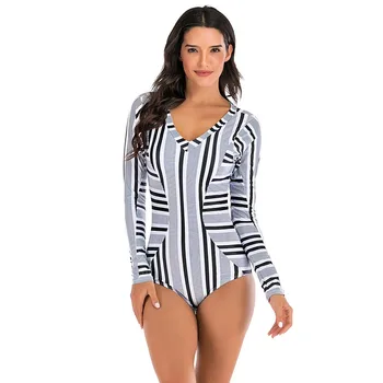 

New Stripes Long Sleeve Bikini Swimwear Rash guards Women One Piece Swimsuit 2020 Beach Sports Surfing Swimming Suits