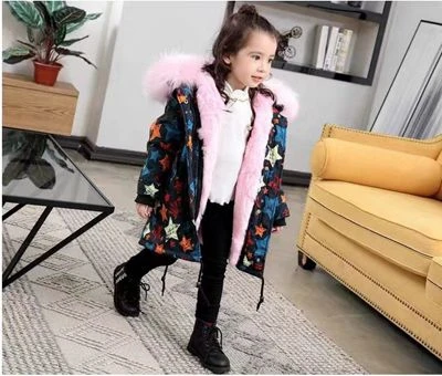 Star Pink Fur Зимние детские парки с натуральным мехом Куртка с граффити меховые куртки для мальчиков теплая одежда для девочек съемная подкладка из меха кролика - Цвет: Star Pink Fur
