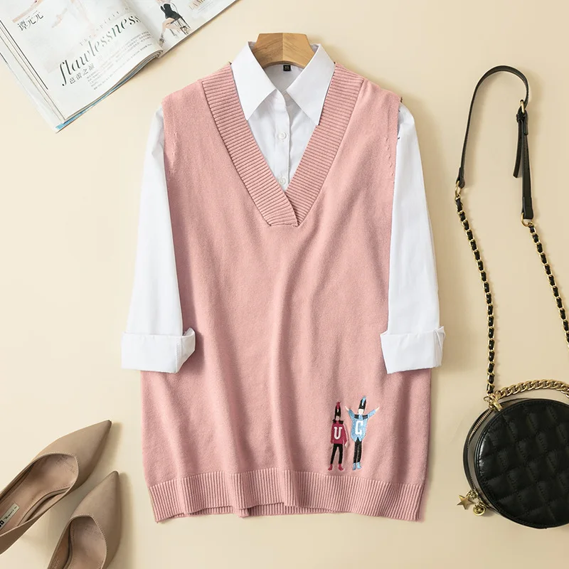 1 Весенне-осенний Трикотажный Свитер Топ с вышивкой из мультфильма женский топ без рукавов майки Свободный пуловер майка - Цвет: 1