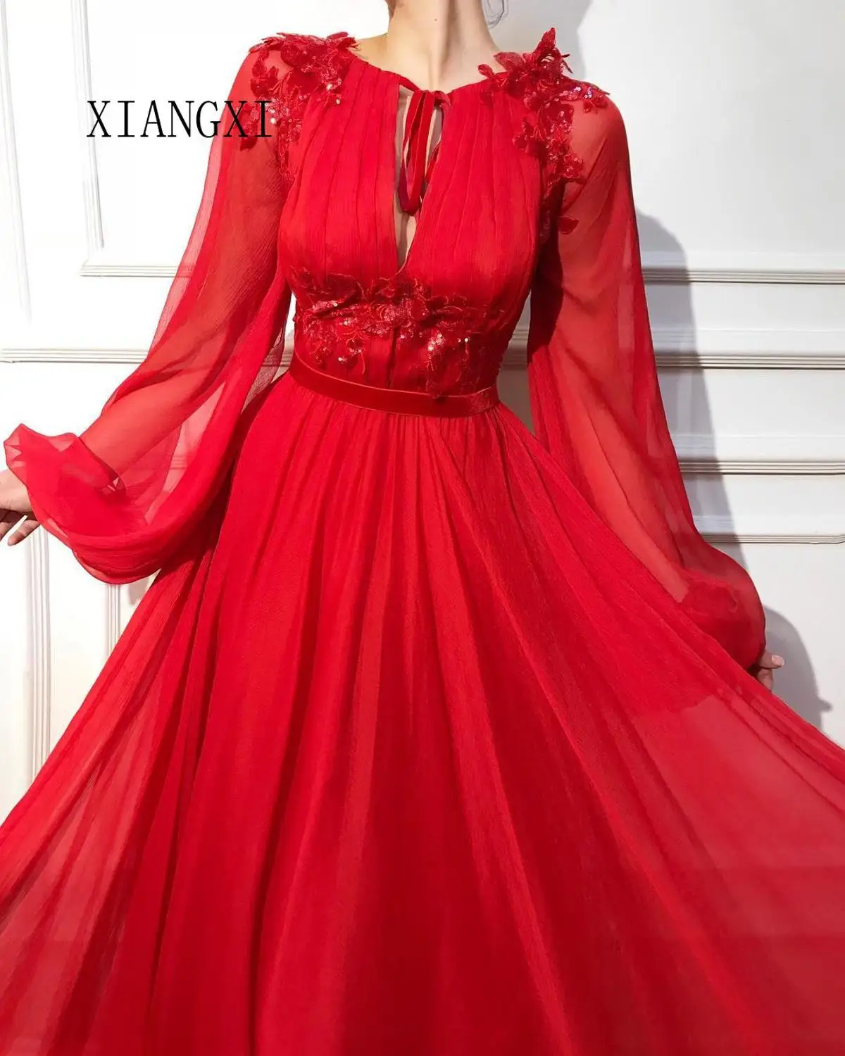 Vestidos De Festa красное вечернее платье для мусульманских женщин трапециевидной формы с круглым вырезом и длинными рукавами длинные вечерние платья для выпускного вечера Вечернее платье