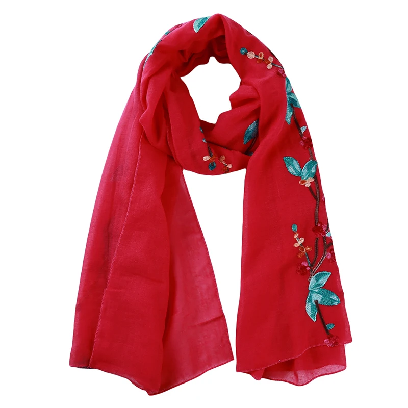 Rose red Модный вышитый вискозный шарф Женские Простые хлопковые шарфы шаль с цветочной вышивкой мусульманский хиджаб - Цвет: Rose red