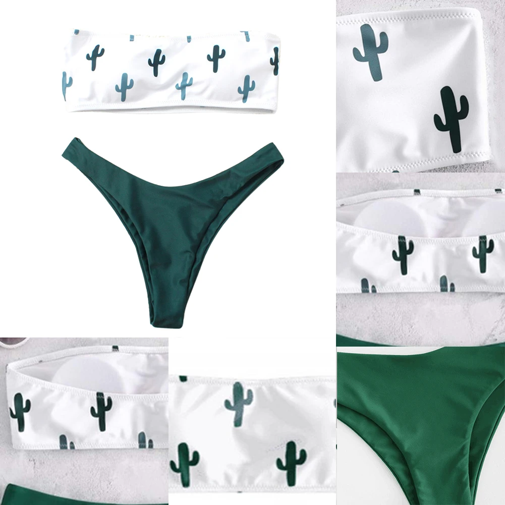

Women Slim Adults Wire Free Summer Sexy Bikini Set Holiday Polyester With Brief Split Cactus Print Swimsuit