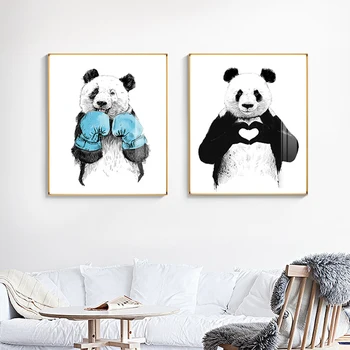 

Modern Boxing Panda Poster Print Blue Boxing Gloves Painting Cartoon Wall Art Pictures for Living Room Kids Room Cuadros Salon