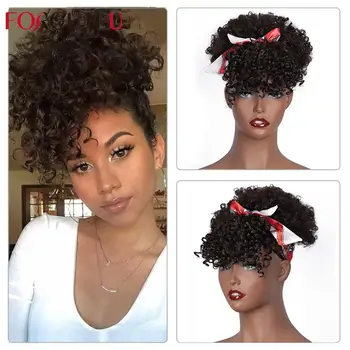 

Synthetic High Puff Afro Kinky Curly Ponytail with Bangs Hair Extension Drawstring Short Afro Ponytail Clip in for Women
