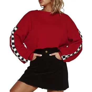 

Autumn Casual Women Hoodies Sweatshirt Fashion Short Female Crop Top Plaid Pullovers Batwing Long Sleeve O Neck Kawaii OL Hodies