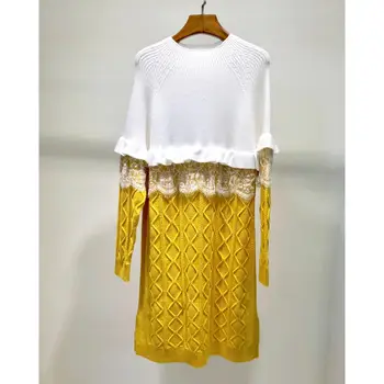 

Fashion 2019 Autumn Winter Casual Ruffles Dress Hit Color Irregular Knitted Dress Women Patchwork Lace Sweater Dress