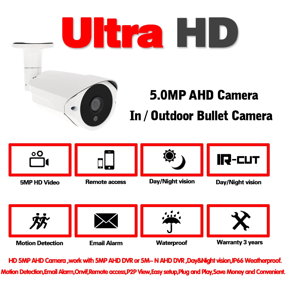 NINIVISION 5MP AHD Camera With SONY IMX335 H.265 Bullet Security Video Surveillance Camera 3.6mm Lens 6 array Infrared Led