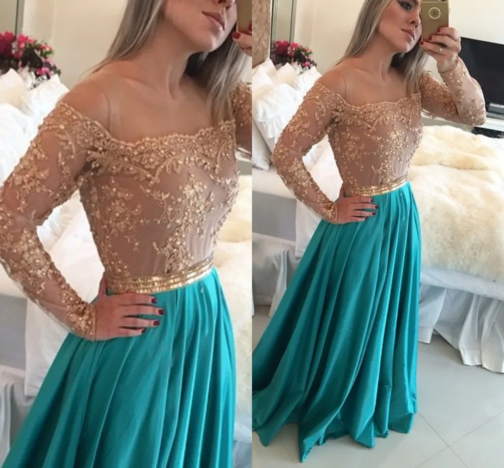 

Customized Long sleeve See Through Sleeves A Line Appliques Beaded Floor Length Prom Gown Blue 2018 mother of the bride dresses