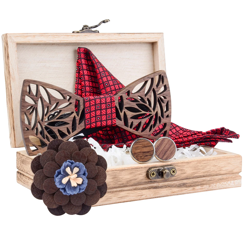 Полый Красный Пейсли деревянный галстук бабочка Карманный квадратный набор для