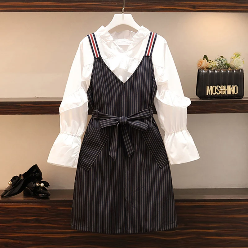 Blouse-Dress Trytree осень зима женские комплекты из двух частей повседневные топы с v-образным вырезом и оборками+ платье в полоску с карманами и поясом до середины икры комплект из 2 предметов - Цвет: Blouse-Dress