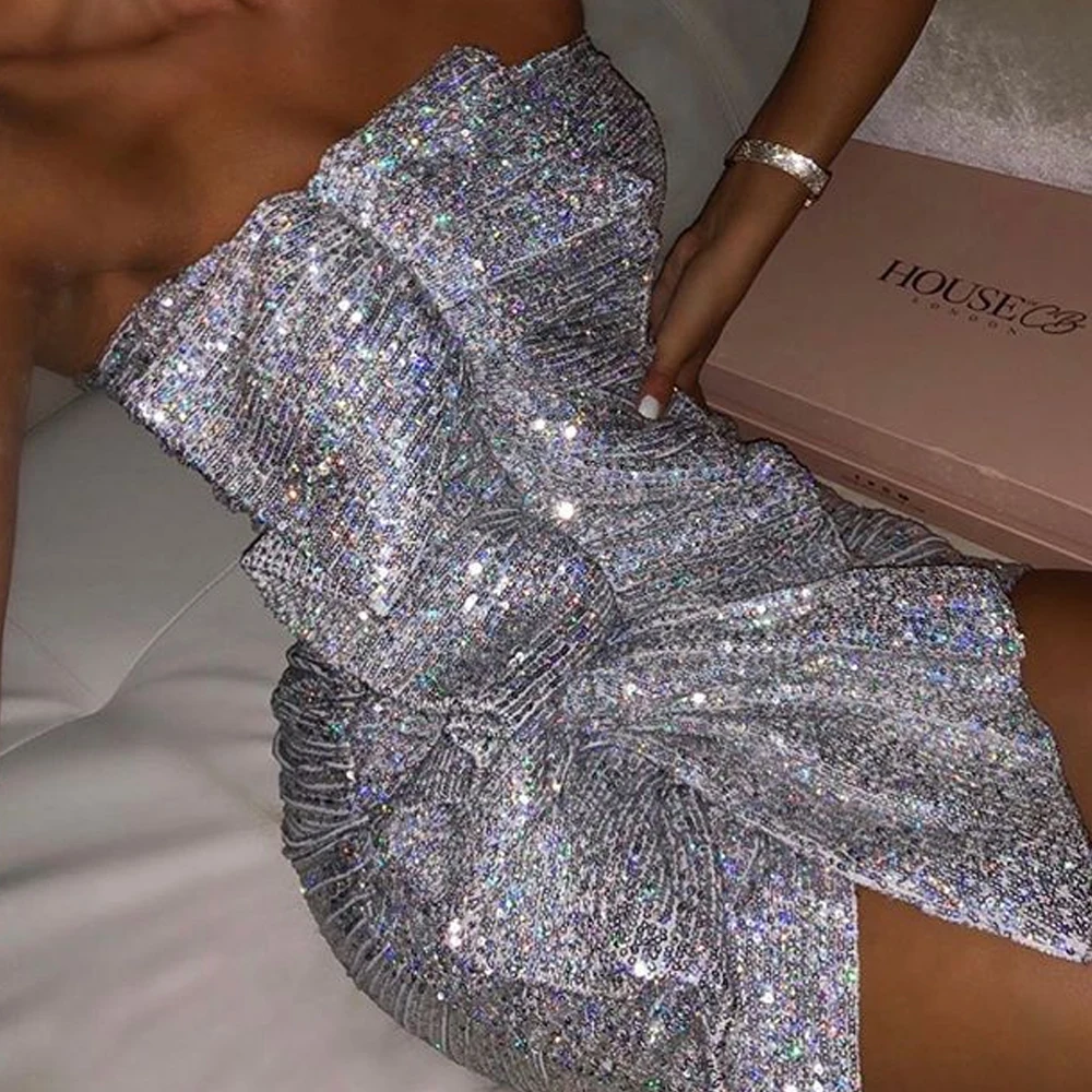 Олень леди сексуальное вечернее платье Новая мода блесток Bodycon платье без бретелек Короткое женское мини платье летняя Клубная одежда